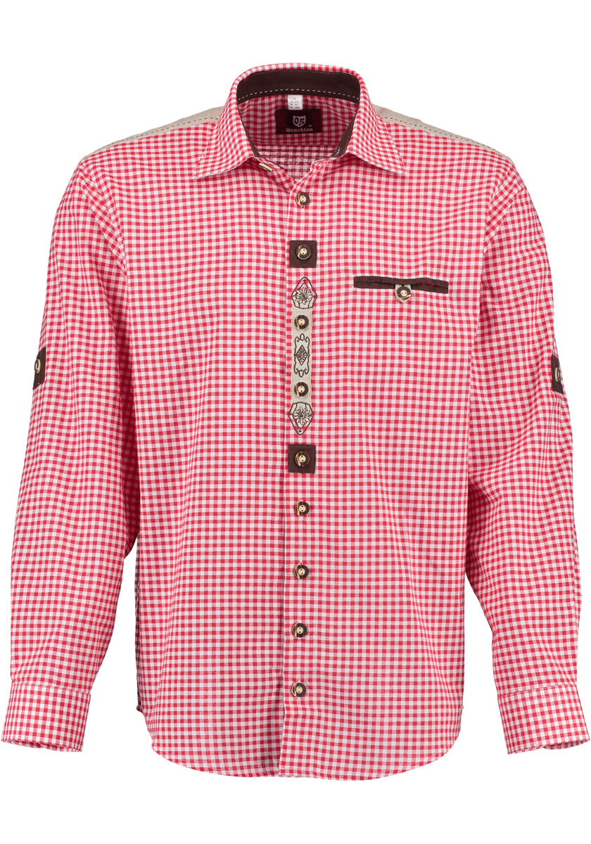 Men's Trachten Shirt with Embroidery Detail Red or Blue Check - Image 3