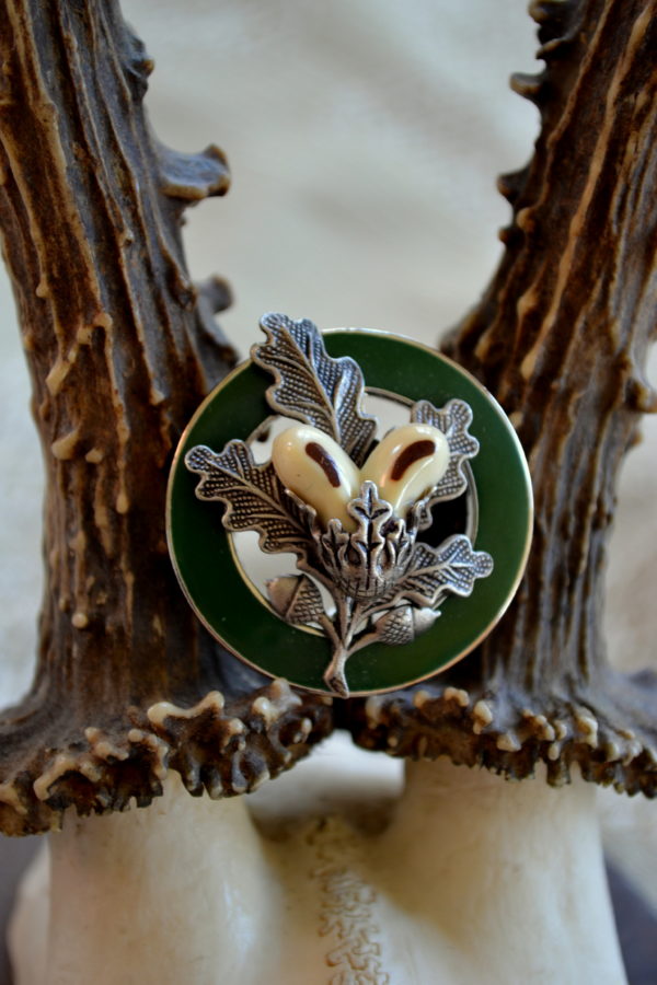 Hat or Lapel Pin Enamel Circle with Faux Boar Teeth