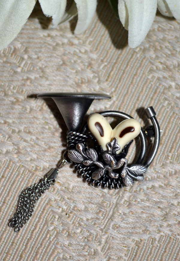 Hat or Lapel Pin Hunting Horn with Boar Tooth