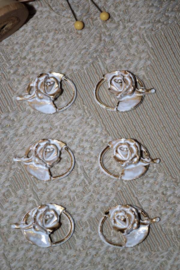Dirndl Bodice Hooks Dimensional Rose Whitewashed Gold Set of Six