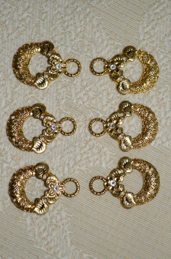 Dirndl Bodice Hooks Round Embossed Gold with Clear Rhinestone (set of 8)