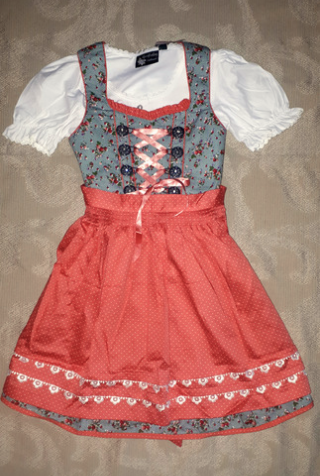 Girls' Dirndl Blue Green Micro Dot Floral with Peach Apron Short