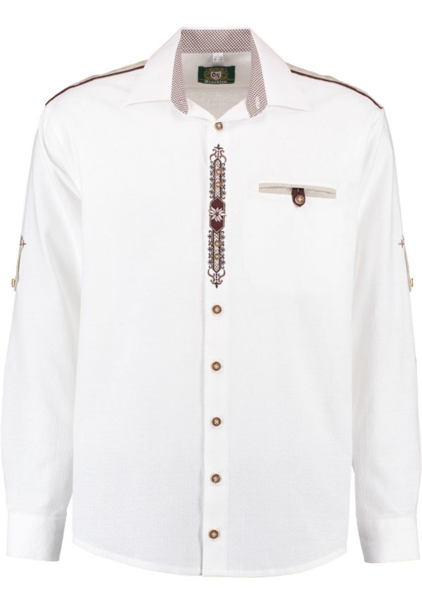 Men's Trachten Shirt White with Front Placket Embroidery