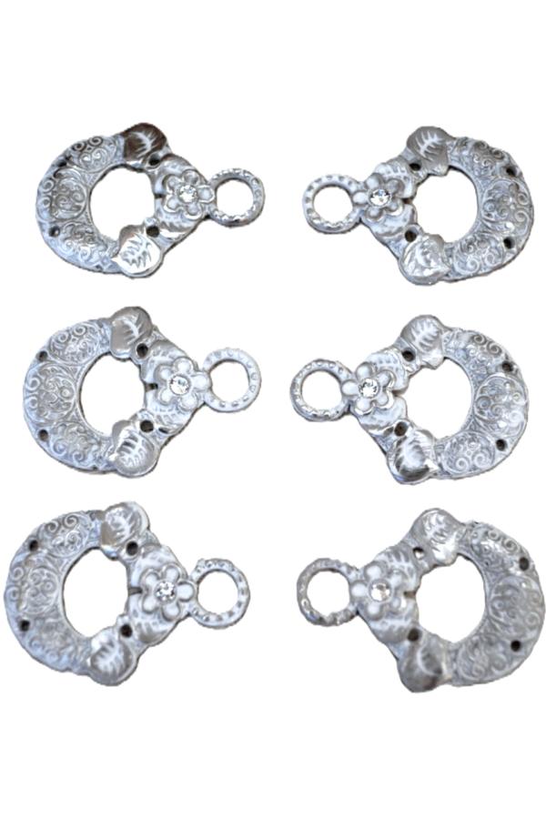 Dirndl Bodice Hooks Round Embossed Whitewash Silver with Clear Rhinestone (set of 8)