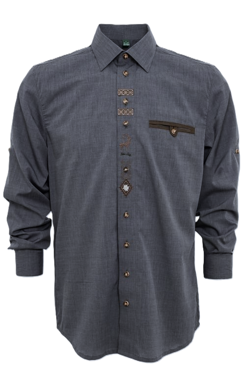 Men's Trachten Shirt Slate Grey with Front Embroidery Accents