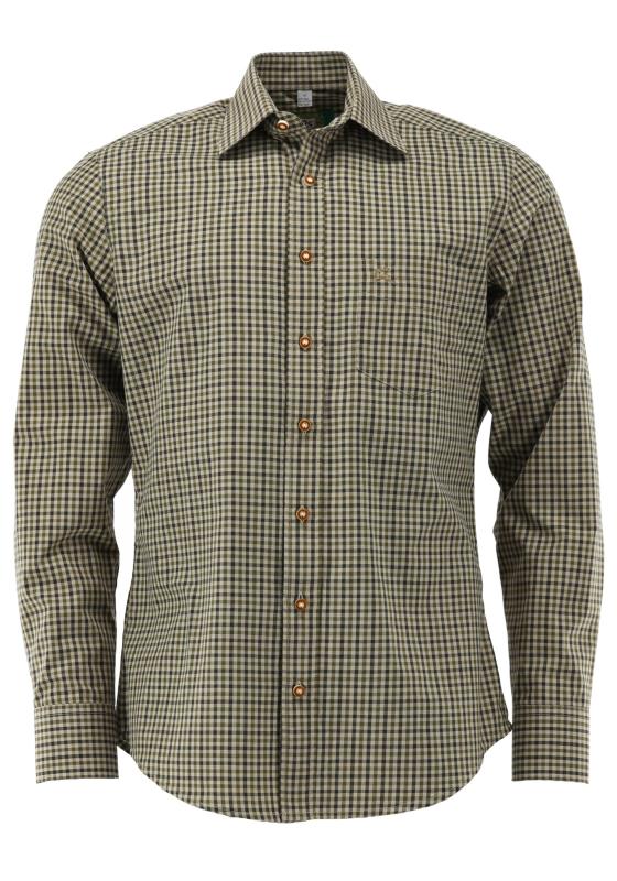 Men's Slim Fit Casual Check Shirt Olive Green with Black Long Sleeve