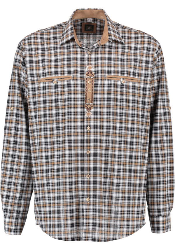 Men's Trachten Shirt Black Taupe Plaid with Placket Detail
