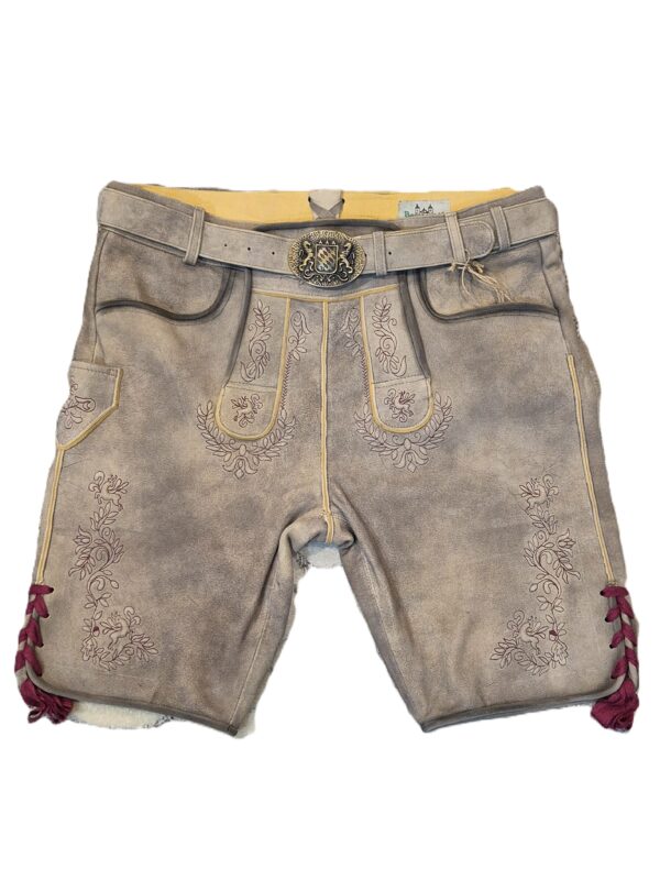 Men's Lederhosen Warm Grey with Burgundy Stitching