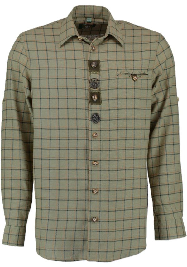 Men's Trachten Shirt Olive Green Plaid with Boar Head Placket Detail