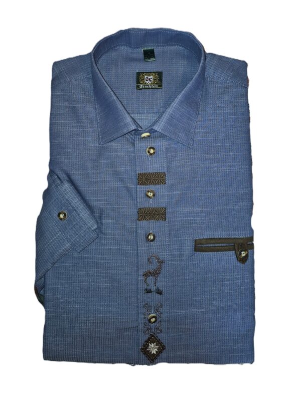 Men's Trachten Shirt with Embroidered Front Placket Blue Striae