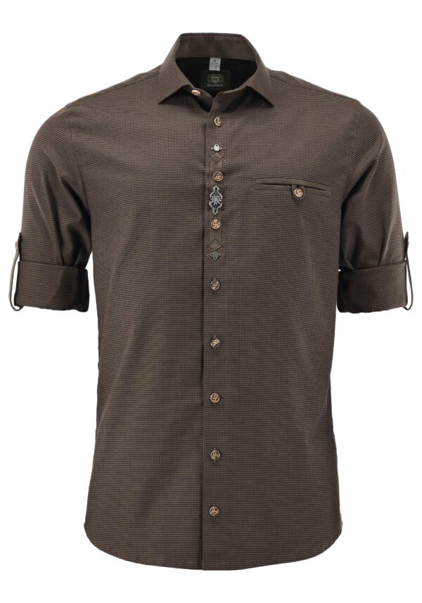 Men's Trachten Shirt Micro Check with Placket Trim & Convertible Sleeve Brown Regular Fit