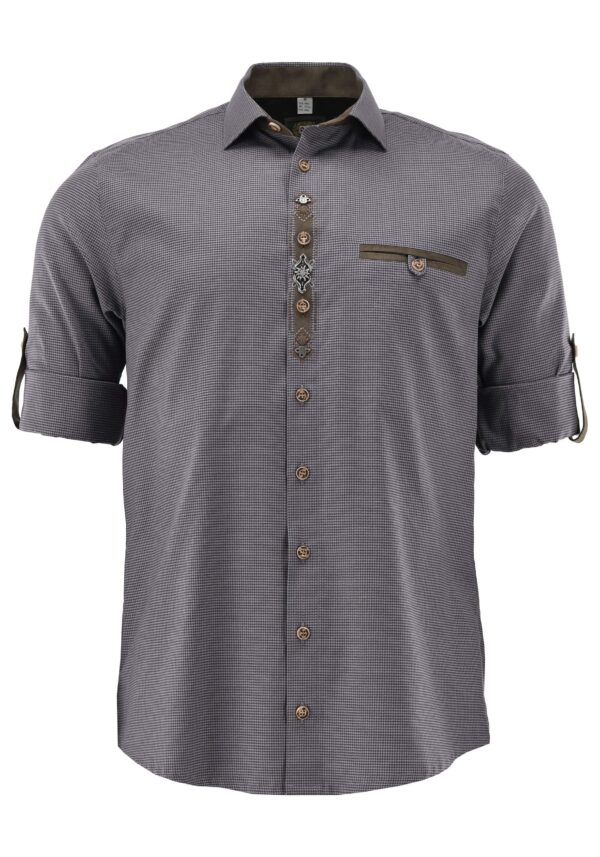 Men's Trachten Shirt Micro Check with Placket Trim & Convertible Sleeve Grey Regular Fit