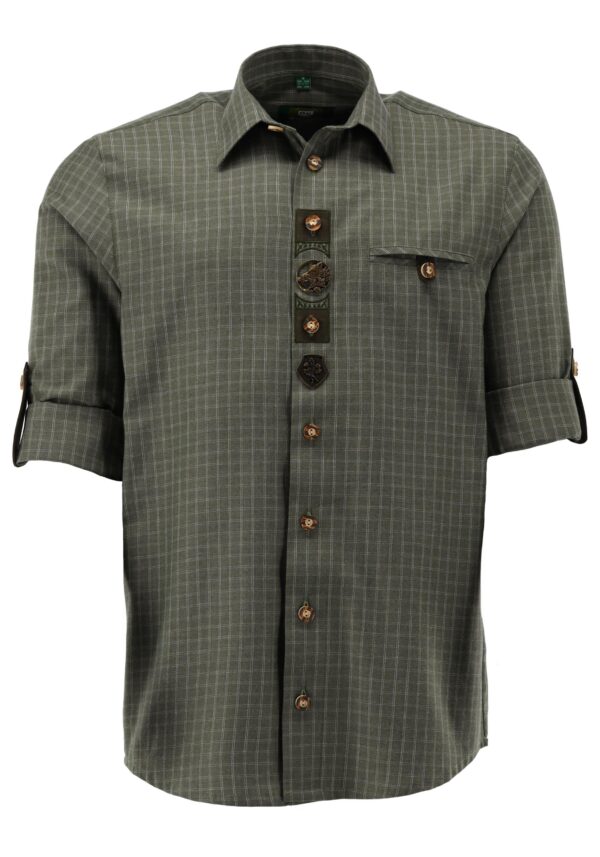 Men's Trachten Shirt Open Plaid Olive and White - Regular Fit