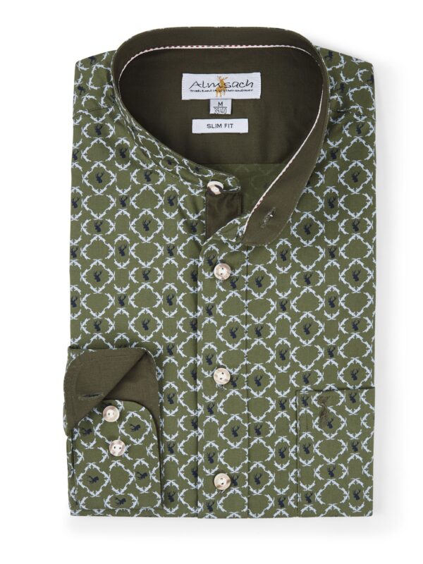 Men's Collarless Trachten Shirt Olive Green with Stag Print