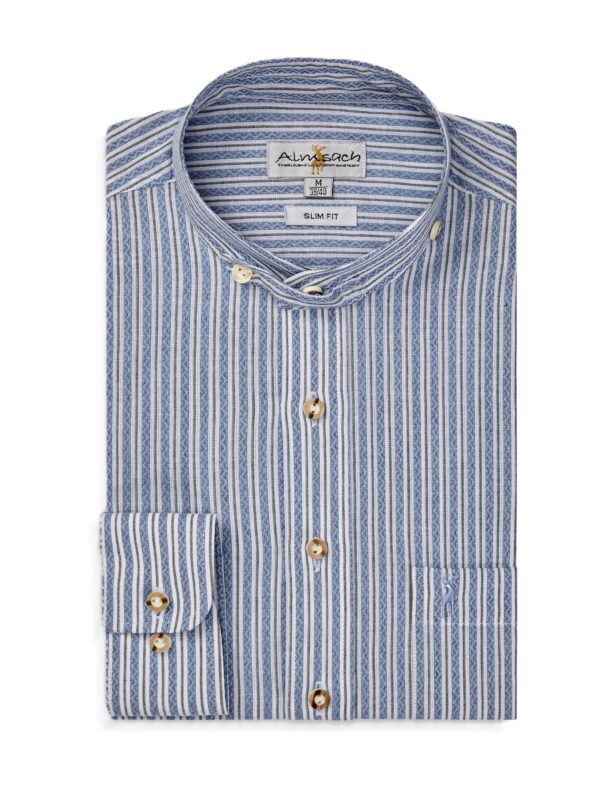 Men's Casual Trachten Collarless Shirt Blue Chambray Stripe