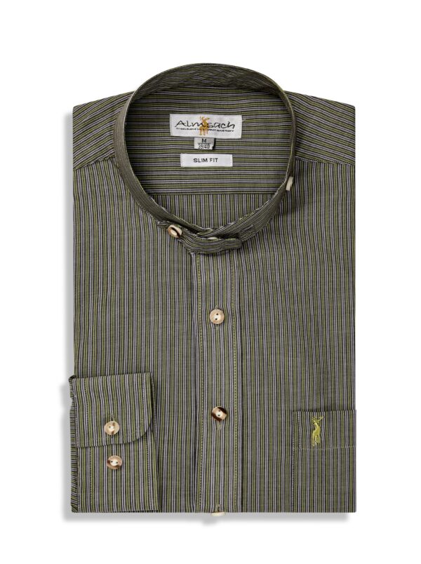 Men's Trachten Casual Collarless Shirt Olive Multi Stripe
