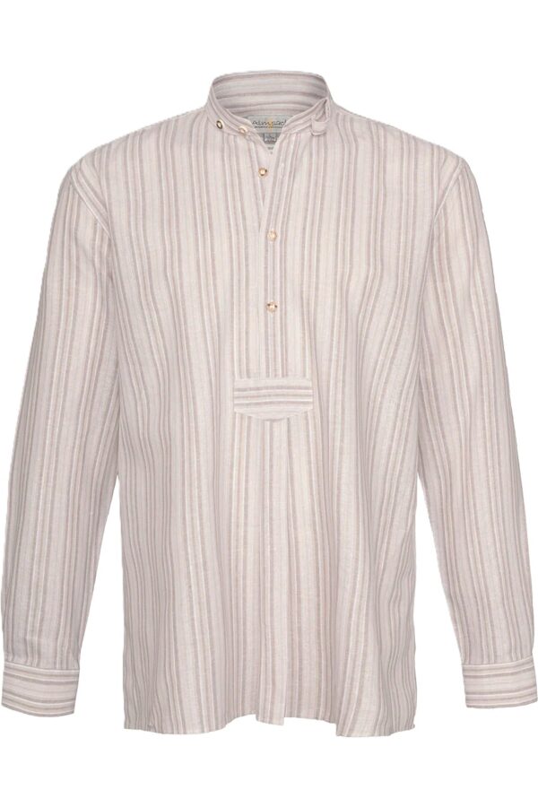 Men's Collarless Shirt Pullover Style Linen Stripe Beige