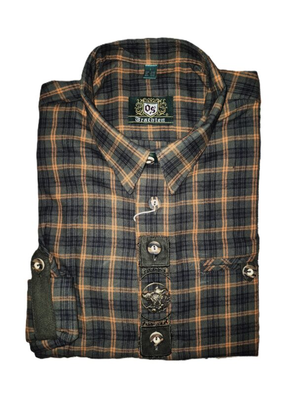 Men's Trachten Shirt Olive Green with Orange Plaid Flannel